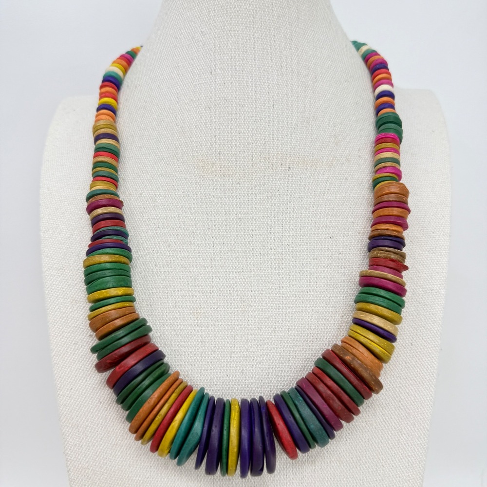 Multicolor Chunky Wood Disc Bead Statement Necklace Rainbow Boho Adjustable
